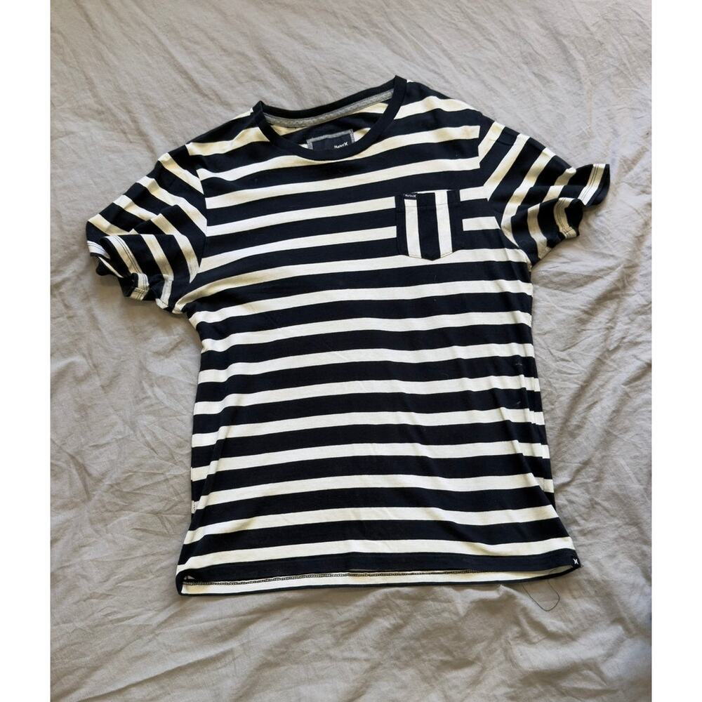 HURLEY Black & White Striped Short Sleeve Tshirt with Pocket
